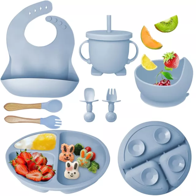 Baby Feeding Set 8pcs Led Weaning Utensils Supplies Suction Bowl Plate Spoon Cup