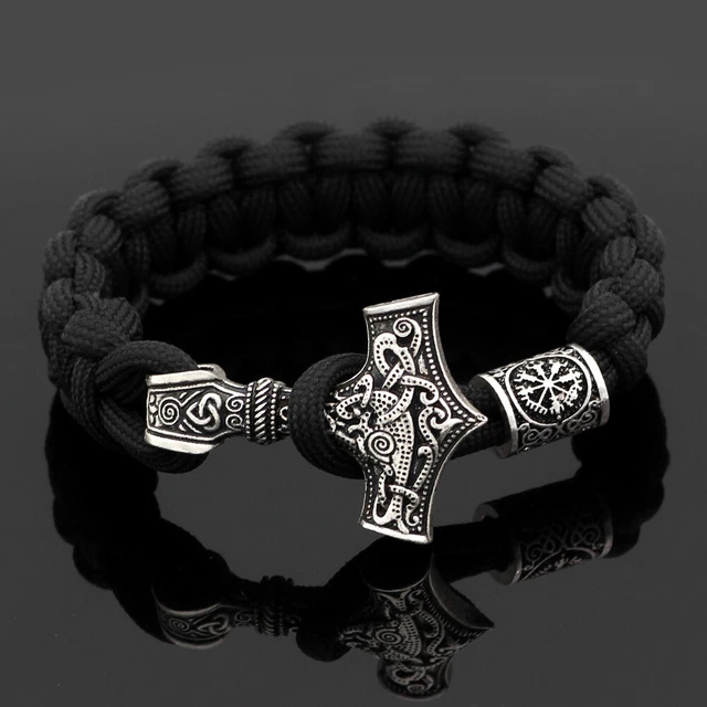 Men's Viking Thor Hammer Mjolnir&Valknut/Vegvisir Rune Parachute Rope Bracelet
