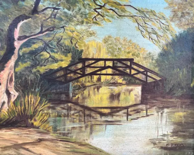 Old Vintage Oil Painting American Rural Landscape Bridge Trees Framed Signed Art