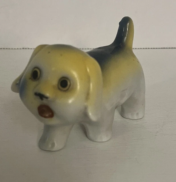 Ceramic Vintage Dog White Yellow Blue Comical 3”Made In Japan