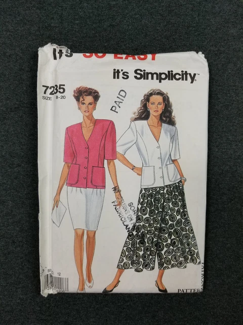 Simplicity Pattern #7235 ~ Jacket Skirt Culottes ~ Misses 8-20 ~ FF/UC