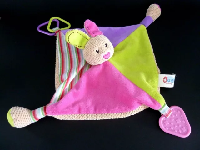 D5. Doudou Plat Ouatoo Baby Lapin Vert Rose Violet Beige Patte Rayee Carre Ttbe