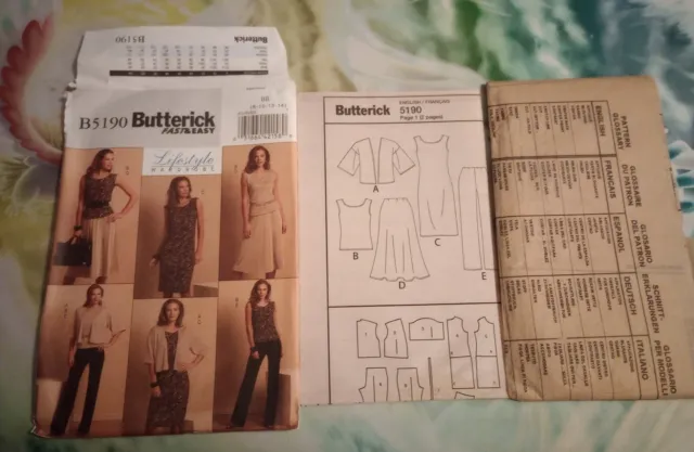 Uncut Butterick sewing pattern #B5190 MISSES JACKET TOP DRESS SKIRT PANTS 8-14