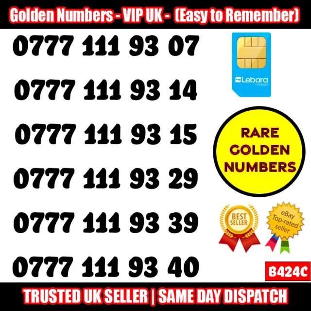 Golden Number VIP UK SIM Cards - Easy to Remember Mobile Numbers LOT - B424C