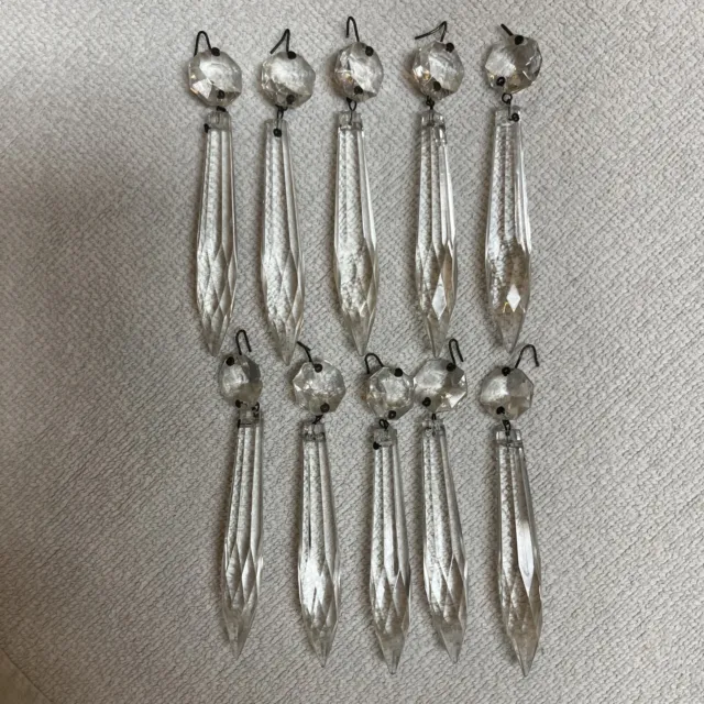 VTG 10 Lot Crystal clear glass prism Icicle Chandelier 3” & Octagon bead 3.75”