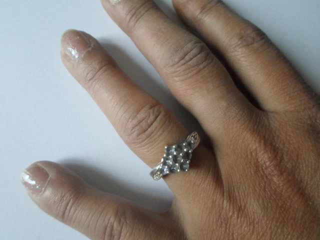 Bague Argent Massif Avec Fleur Et Cabochons Blancs Transparents - Taille 56 - Occasion