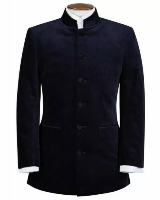 Men Nehru Collar Smoking Jacket Navy Blue Velvet Collar Dinner Jacket For Men
