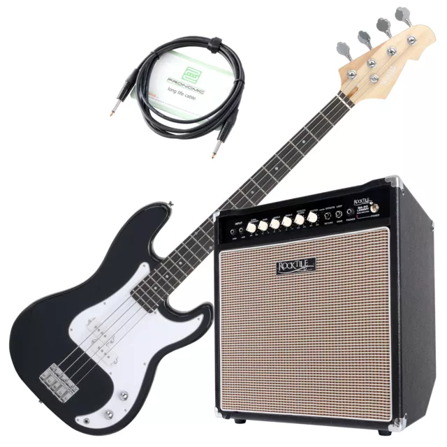 Einsteiger E-Bass Split Coil 4-Saiter schwarz Combo Amp Verstärker Kabel Set