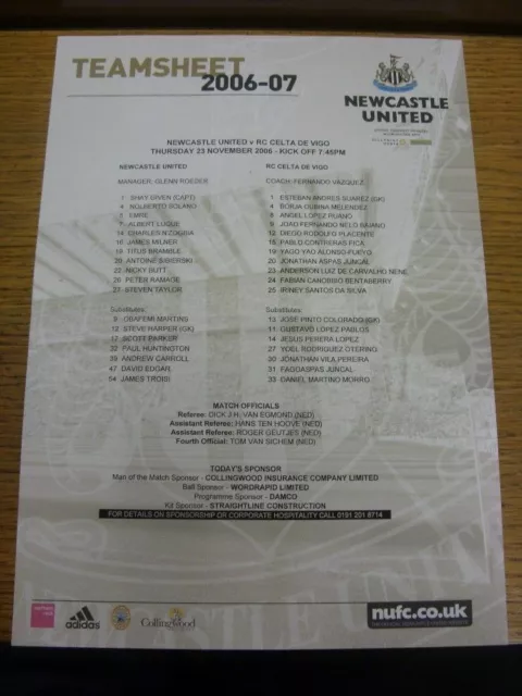 23/11/2006 Colour Teamsheet: Newcastle United v Celta Vigo [UEFA Cup] (Fold). Fo