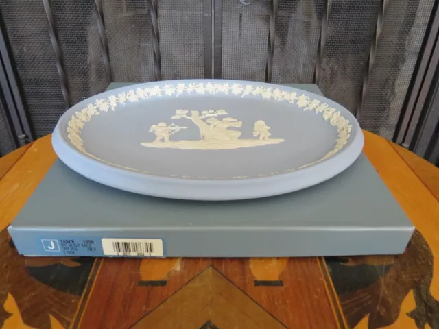 Vintage Wedgwood Blue Jasperware Cupid Psyche Oval Vanity 10" Tray Plaque MIB