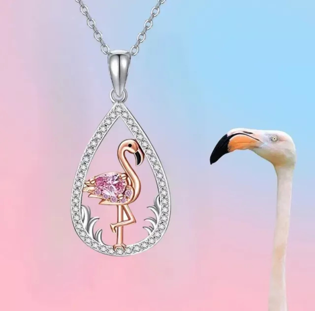 Pink Flamingo Water Drop Rhinestone Beautiful Pendant Necklace Women Girls Gift