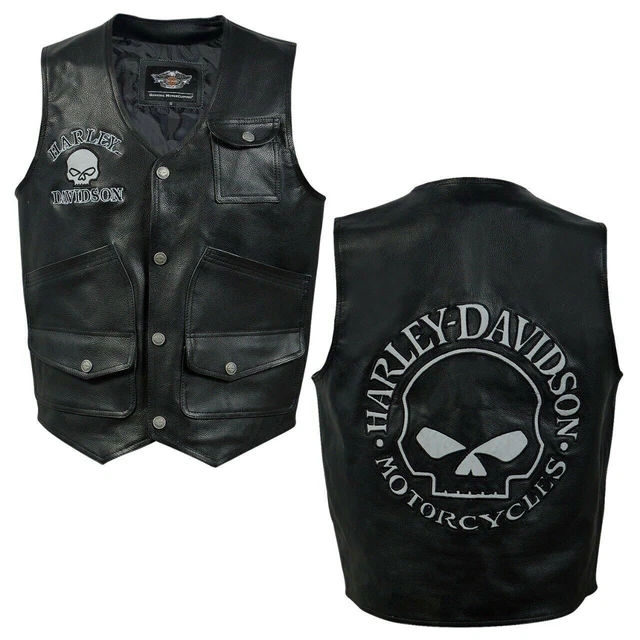 HARLEY DAVIDSON MEN'S Reflective Skull Genuine Leather Black Biker Vest