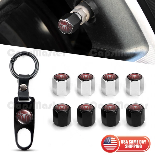 Universal Car Wheels Tire Valve Dust Stem Air Cap + Keychain With Spiderman Logo