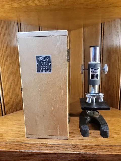 Vintage Stellar B-65 7.5" Tall Microscope Science 100x 200x 300x 3 Turret Case