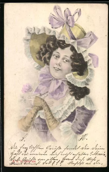 Künstler-AK Junge Frau im lavendelfarbenen Kleid mit Hut 1902