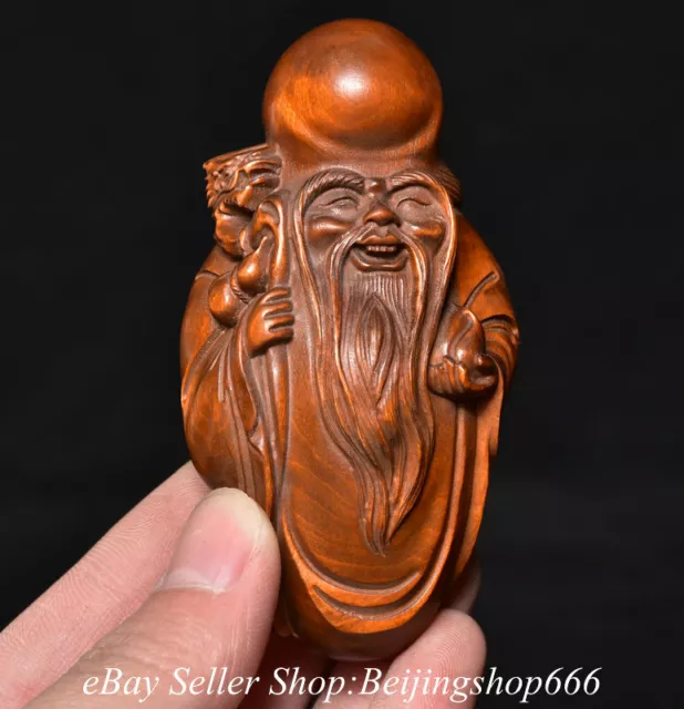 3.4" Old Chinese Boxwood Wood Hand Carved God of longevity Statue Pendant