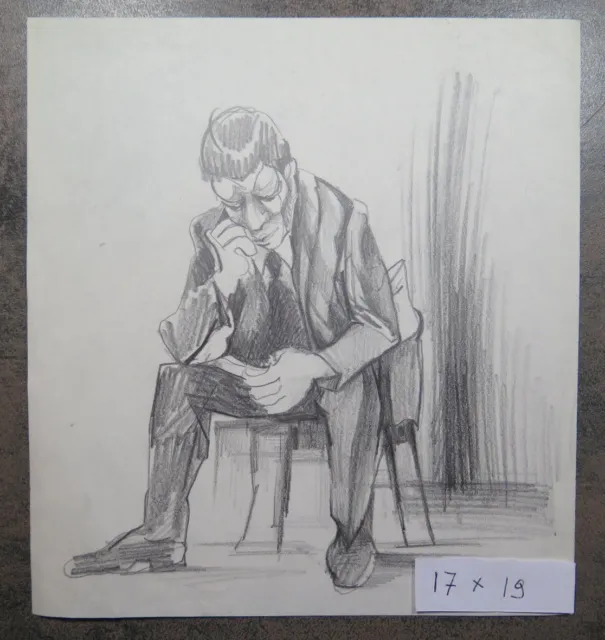 Disegno Antico A Matita Su Carta Bozzetto Studio Per Un Uomo Seduto 1950 P28