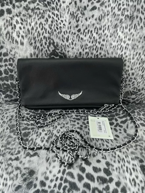 ZADIG VOLTAIRE Rock Grained Leather Clutch Bag Black Silver