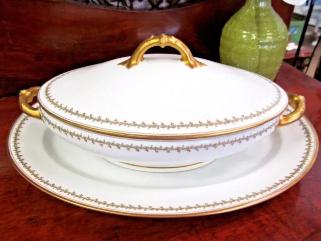 Haviland Limoges France casserole & platter gold gilt wreath floral set 1920s