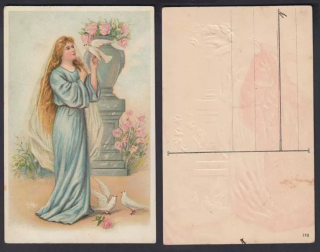 Ansichtskarte mit Frau und weißen Tauben mit Schattenbild auf der Rückseite