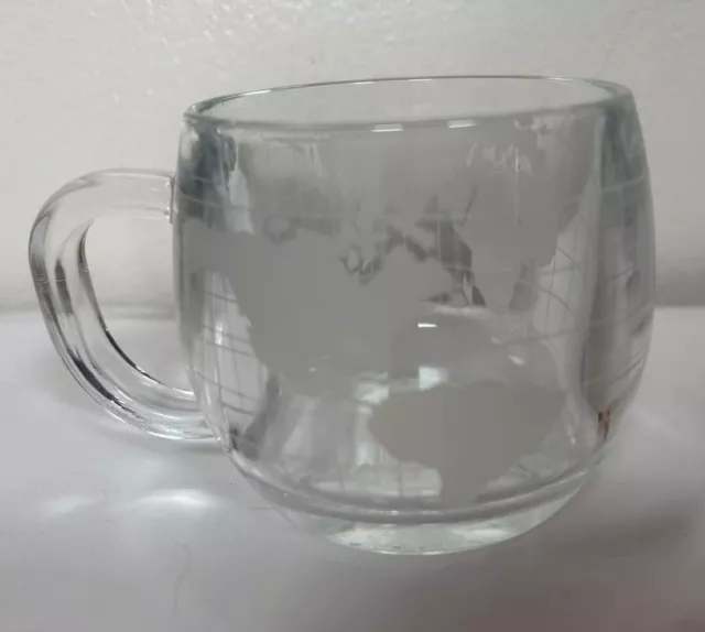 Vintage Nestle Co. Etched Clear Glass World Map Coffee Cup Mug 3" 1970