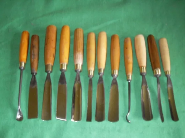 Great set off 12 large vintage English carving gouges, Sorby, Addis etc..vgc