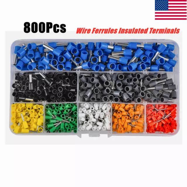 800PCS Copper Ferrule Wire Crimp Connectors Insulated Cord Pin End Terminals Kit