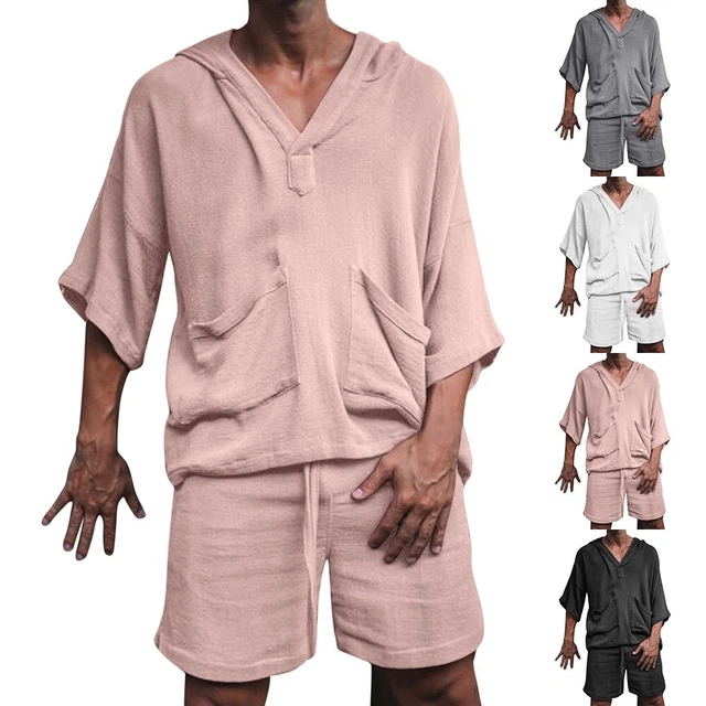 Uomo con Cappuccio Manica Corta Casual Sciolto Top Pantaloncini Set Riposo Set