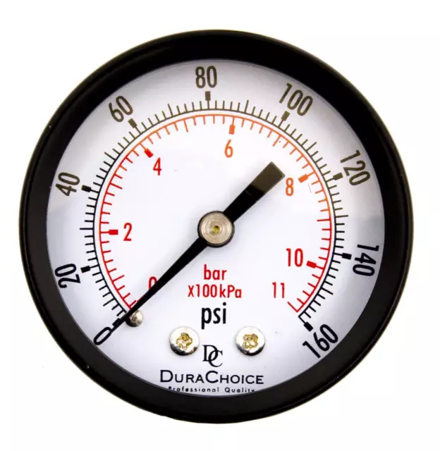 2" Utility Pressure Gauge  1/4" NPT Ctr. Back Mnt., Blk. Steel Case, 0-160 PSI