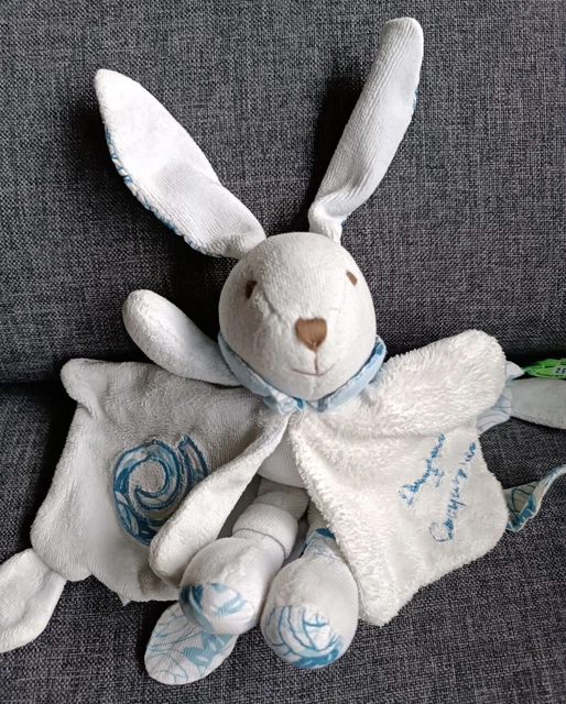 🐰Doudou & Compagnie carré Lapin pantin bleu et blanc Tatoo spirale