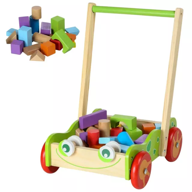 Baby Wooden Walker and Bricks Activity Block Cart Learning Toddler Colourful Toy