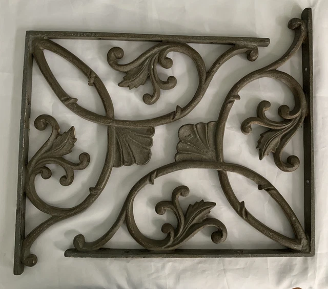 2 Antique Cast Iron Wall Shelf Large Brackets Vintage Ornate 14.5 Inch Pair