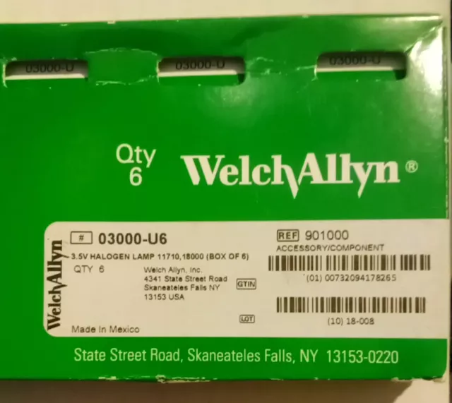New Box Of 6 Welch Allyn 03000-U Replacement 3.5V Halogen Bulb/Lamp For 11710