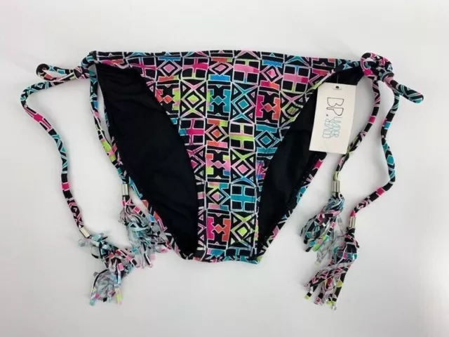 BP Undercover Womens Medium Bikini Bottom Side Tie Tassels Black Geometric New