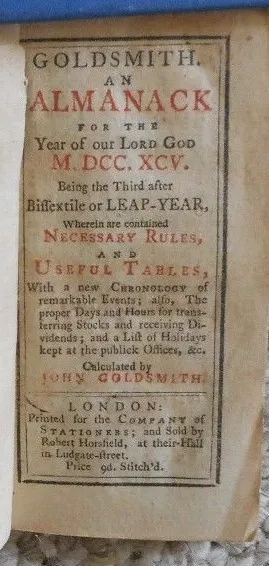 Goldsmith  An Almanack for the year of our Lord God M.DCC.XCV   miniature 1795