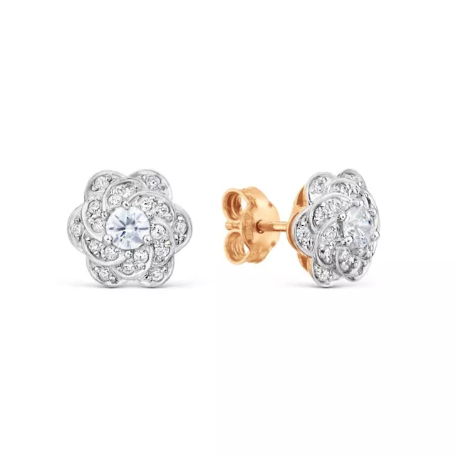 Rose Red Gold 14K/585 Flower earrings with CZ screw back earrings NEW