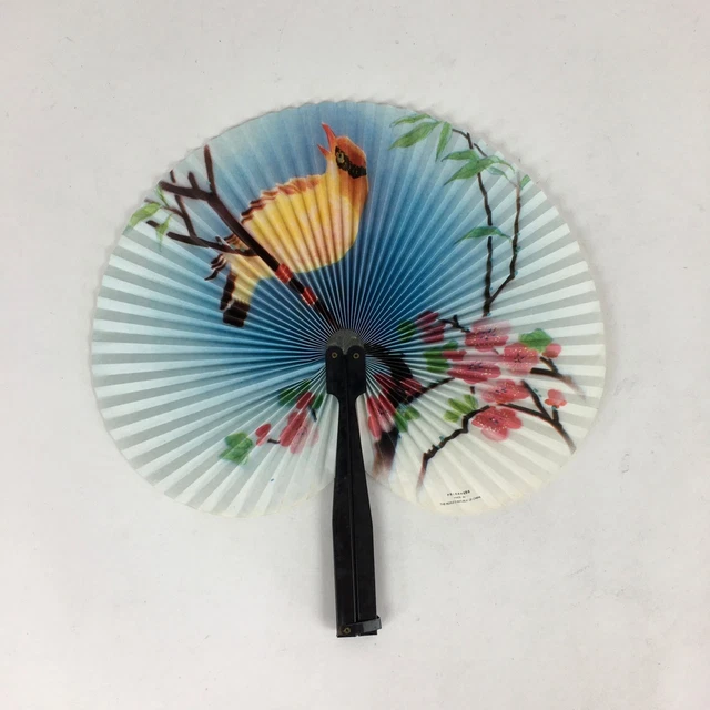 Chinese Folding Fan Vtg Sensu Black Metal Frame Paper Flower Bird 4D613
