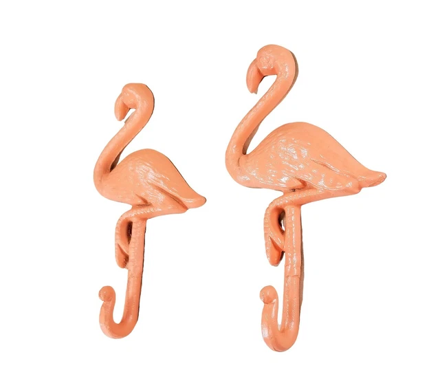 2pc Coral Flamingo Wall Hooks Cast Iron island beach surf saltwater towel holder
