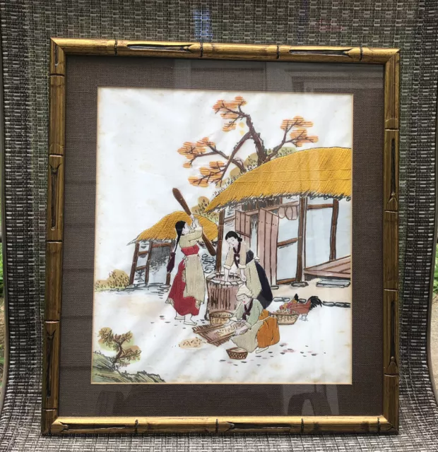 Vintage ￼Oriental￼ Embroidered Silk Framed Art of 3 ladies Working Wall Hanging