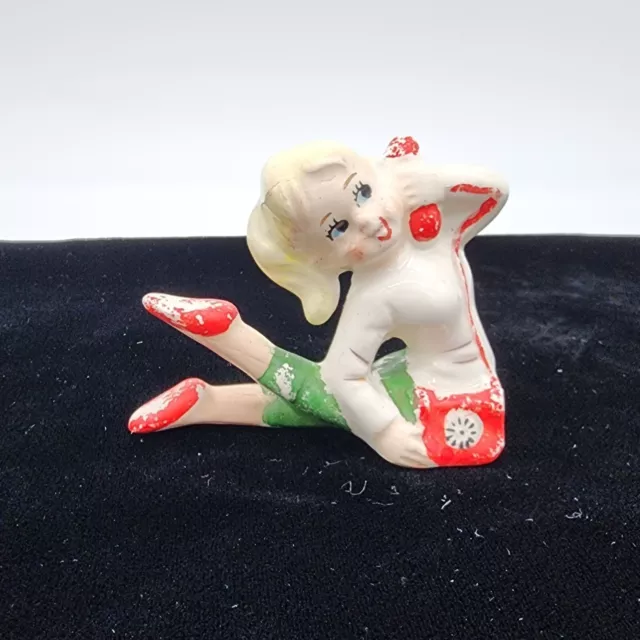 Chalkware Young Girl on Phone Kitschy Vintage MCM 2.75" Tall