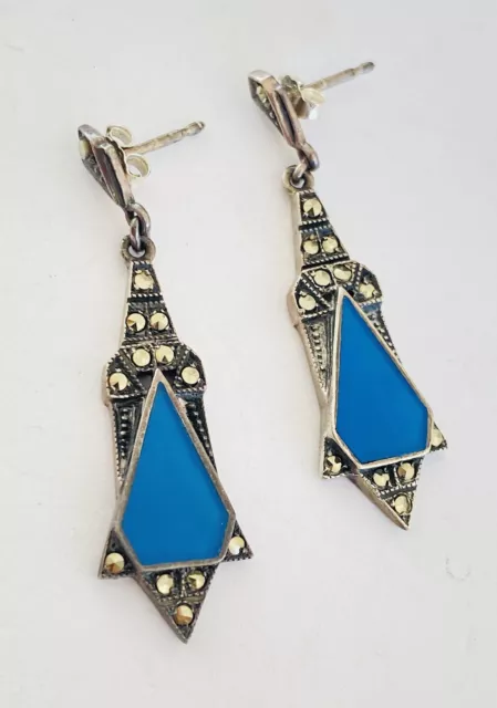 Vintage Art Deco Victorian Sterling Silver Blue Glass Marcasite Dangle Earrings