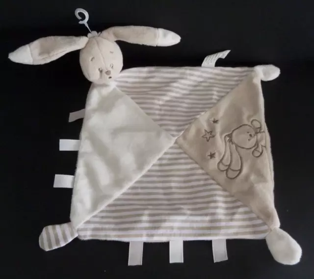 25. Doudou Plat Auchan Lapin Beige Blanc Raye Motif Etoile Rayure - Ttbe*