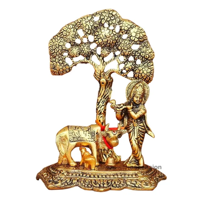 Seigneur Krishna en métal avec veau de vache Kamdhenu sous un arbre (taille...