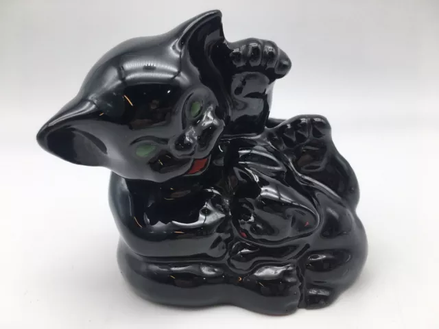 Vintage Redware Black Cat With Kitten Planter Green Eyes MCM 1950’s 4”