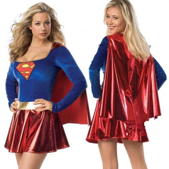 Adult Superwoman Supergirl Super Hero Festival Fancy Dress Up Party Costume Set◈