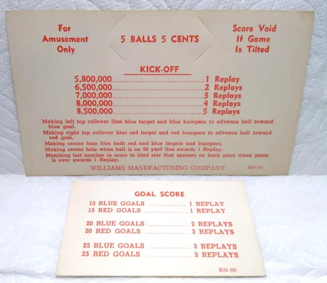 Kick-Off Pinball Machine Game Original Instruction Replay Value Cards 1958 KO3A