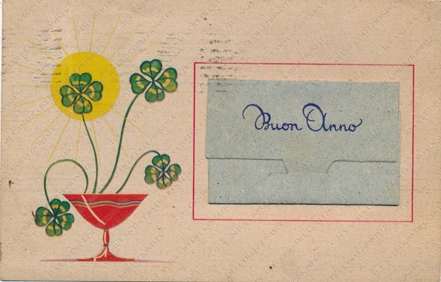 1947 Buon Anno Calice con quadrifogli e busta apribile Cartolina
