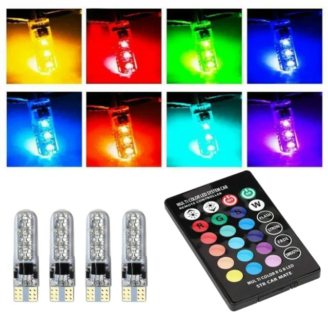 4Pc T10 194 168 RGB Multi-Color LED Bulbs W/RF Remote Control Car Parking Light