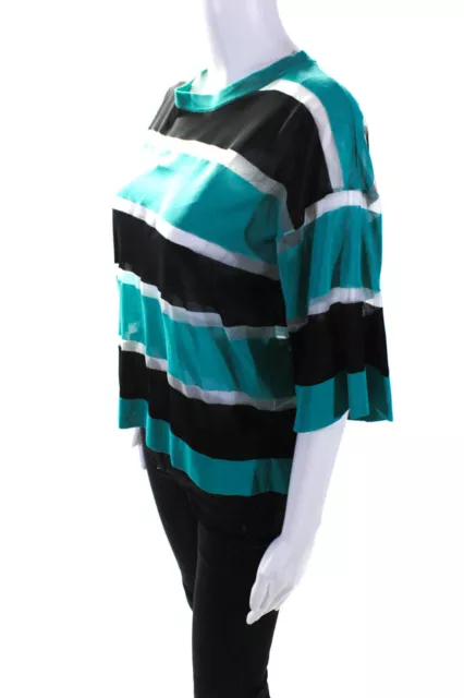 Jucca Womens Green Black Striped Mesh Crew Neck 3/4 Sleeve Blouse Top Size M 2