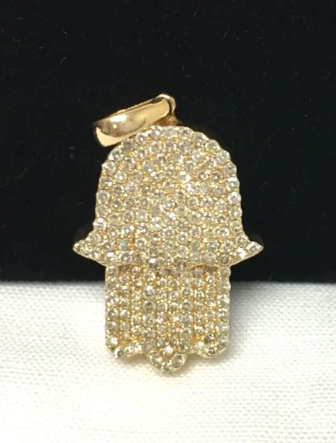 14k Solid Yellow Gold Diamond Hamsa Pendant